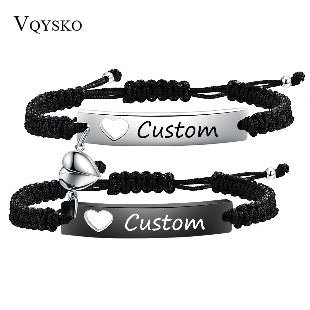 Men Accessories All - Maßgefertigtes Edelstahl-Paar-Armband-Set Schwarz Gewebt mit Herz